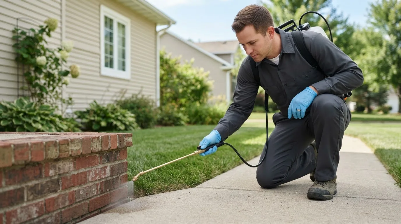 Pest control technician treating a home near Mooresville, IN