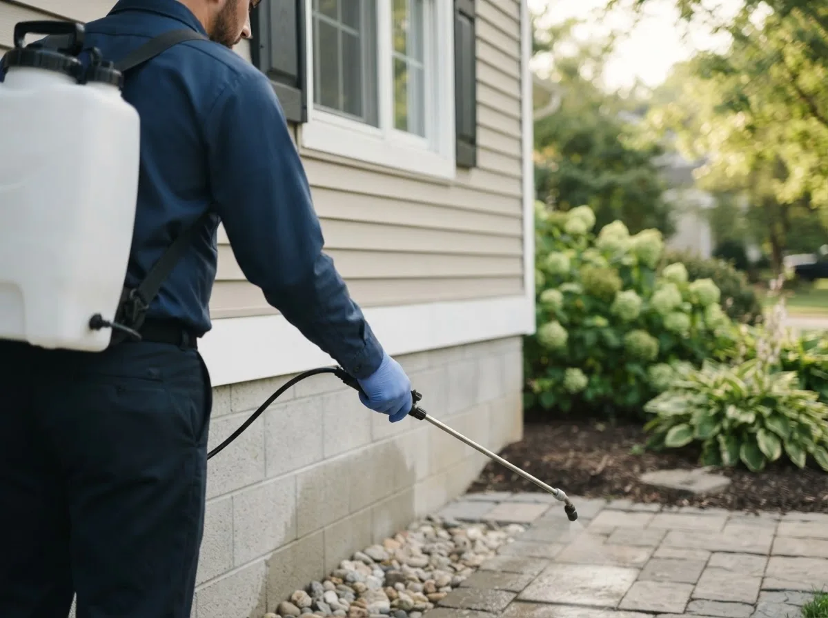 Pest control technician inspecting a home in Mooresville, IN